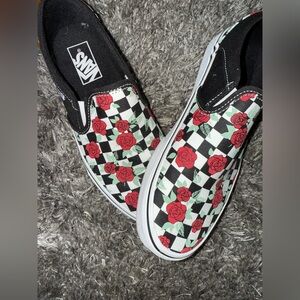 Vans Black and White Rose Checkerboard Slip-Ons